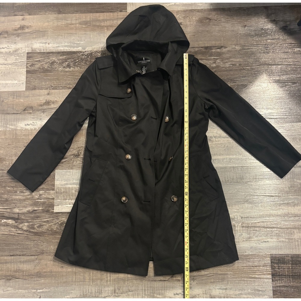 London Fog Womens Black Double Breasted Trench Coat Detachable Hood Size L